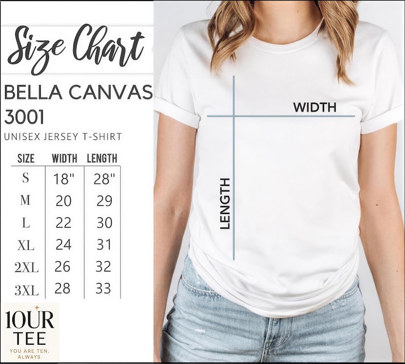 The image is a size chart for a white t-shirt, showing the measurements for different sizes.