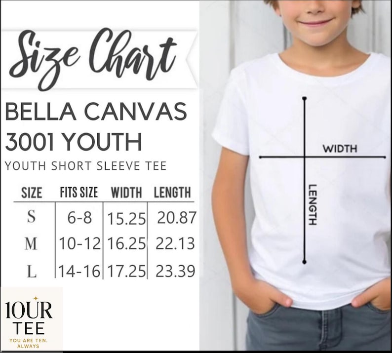 Puede incluir: Una camiseta blanca de manga corta para j&oacute;venes con una tabla de tallas. La tabla de tallas muestra las medidas en cent&iacute;metros para las tallas S, M y L. La camiseta es Bella Canvas 3001 Youth.
