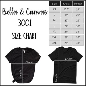 The image is a size chart for a black t-shirt, displaying the measurements for different sizes.