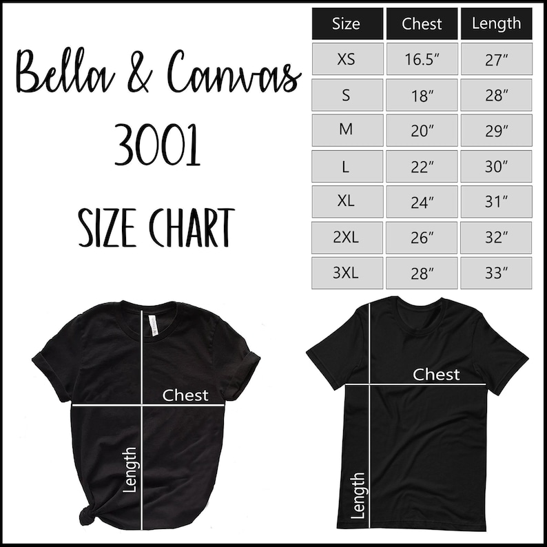 The image is a size chart for a black t-shirt, displaying the measurements for different sizes.