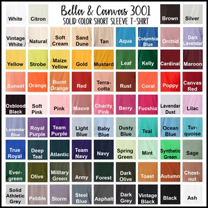 The image is a color palette for a solid color short sleeve t-shirt, displaying a variety of colors and shades that can be used for creating a t-shirt design.
