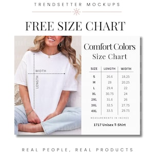 Puede incluir: Camiseta blanca con una tabla de tallas. La tabla muestra las medidas en pulgadas para las tallas S a 4XL. El texto "FREE SIZE CHART" est&aacute; en la parte superior. La camiseta es una 1717 Unisex T-Shirt.