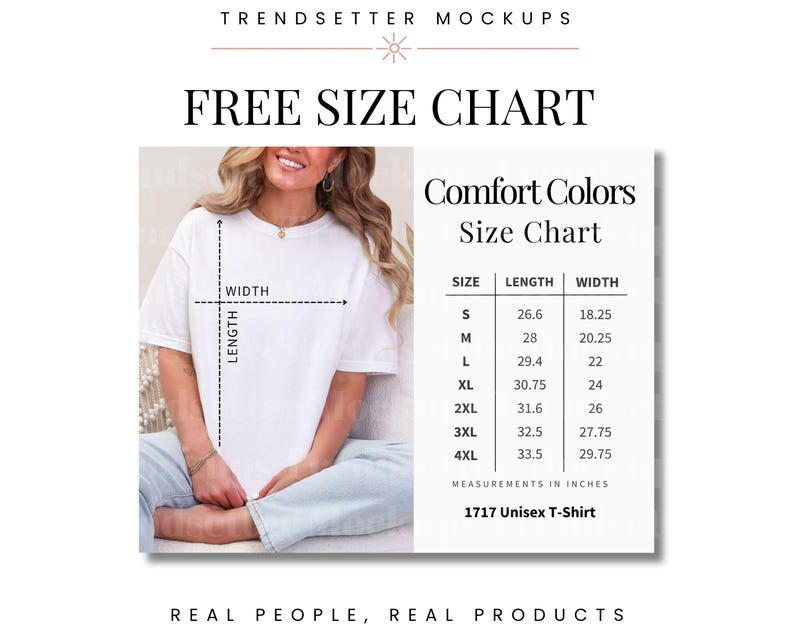Puede incluir: Camiseta blanca con una tabla de tallas. La tabla muestra las medidas en pulgadas para las tallas S a 4XL. El texto "FREE SIZE CHART" est&aacute; en la parte superior. La camiseta es una 1717 Unisex T-Shirt.