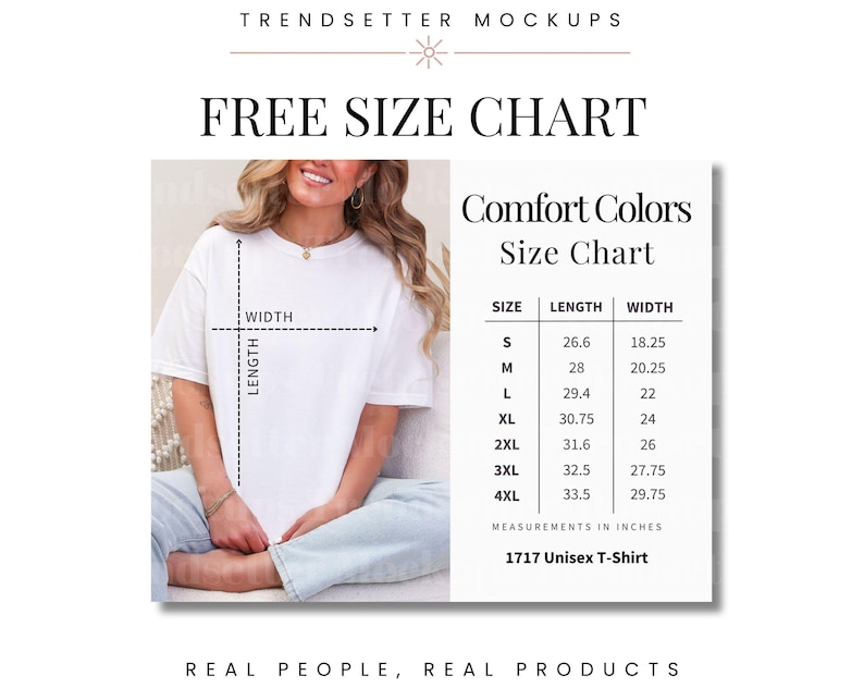 The image is a mockup of a free size chart for a 1717 unisex t-shirt. The chart provides measurements for different sizes, including S, M, L, XL, XXL, and 3XL, along with their corresponding widths. The chart is designed to help customers determine the appropriate size for their desired t-shirt.