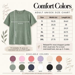 May include: A sage green short-sleeve t-shirt displayed with an adult unisex size chart. The chart lists widths and lengths in inches for sizes S through 3XL. Below, a color palette shows twelve available shades including berry, blossom, watermelon, orchid, ivory, yam, bay, moss, true navy, white, black, and pepper.