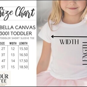 The image is a size chart for a toddler short sleeve t-shirt, showing the measurements for different age groups.
