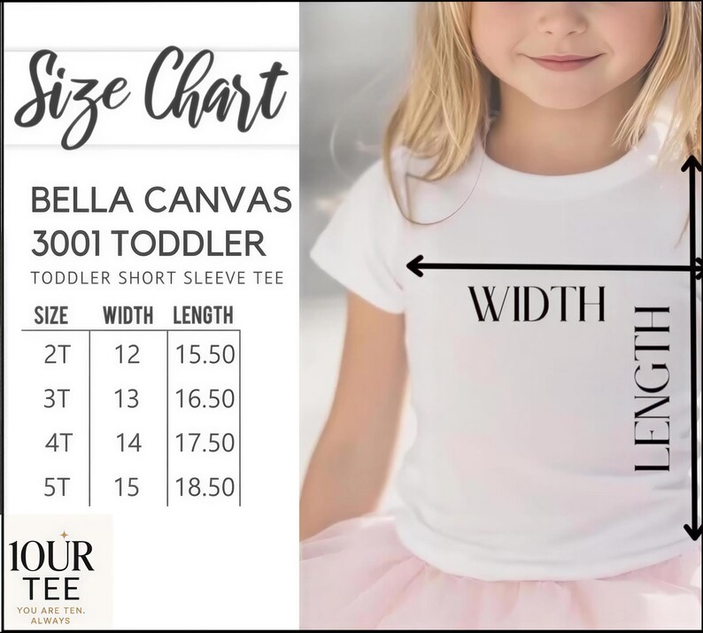 The image is a size chart for a toddler short sleeve t-shirt, showing the measurements for different age groups.