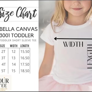 Puede incluir: Una camiseta blanca de manga corta para ni&ntilde;os peque&ntilde;os con una tabla de tallas. La tabla de tallas muestra las medidas de ancho y largo en cent&iacute;metros para las tallas 2T, 3T, 4T y 5T. La camiseta es de Bella Canvas.