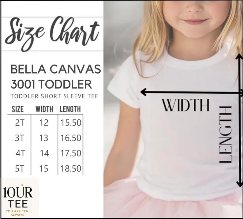 Puede incluir: Una camiseta blanca de manga corta para ni&ntilde;os peque&ntilde;os con una tabla de tallas. La tabla de tallas muestra las medidas de ancho y largo en cent&iacute;metros para las tallas 2T, 3T, 4T y 5T. La camiseta es de Bella Canvas.