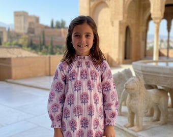 Vestido de algodón rosa floral para niña, manga larga, estampado a mano, estilo boutique