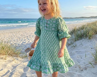 Green Floral Block Print Cotton Girls Dress – Puff Sleeve Boho Kids Dress