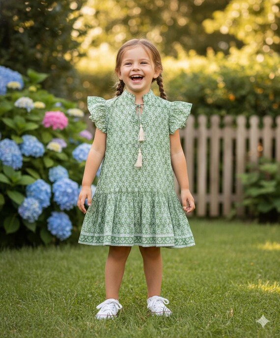 green block print dress Floral Hand Block Print Neo Green Cotton Maxi Dress Tiered Dress –  thejaipurart.com main image 1