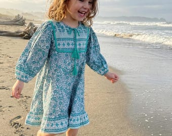 Teal Floral Hand Screen Printed Cotton Girls Dress – Tassel Tie Boho Kids Dress