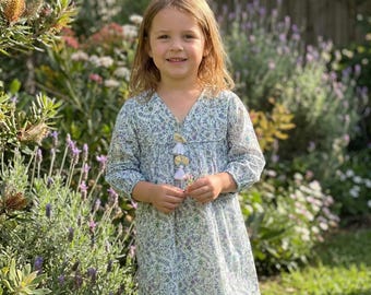 Mint Floral hand screen Printed Cotton Girls Dress – Long Sleeve Tassel Neck screen printing Kids Dress