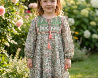 Olive Green Floral Screen Printed Cotton Girls Dress – Boho Puff Sleeve Kids Dress