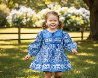 Blue Floral Hand Screen Printed Cotton Girls Dress – Boho Puff Sleeve Summer Dress