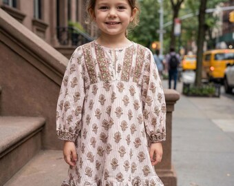 Cream & Brown Floral Cotton Girls Dress – Artisan Boho Kids Dress