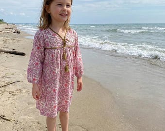 Pink Floral Cotton Girls Dress – hand screen print Tassel Neck Long Sleeve Kids Dress