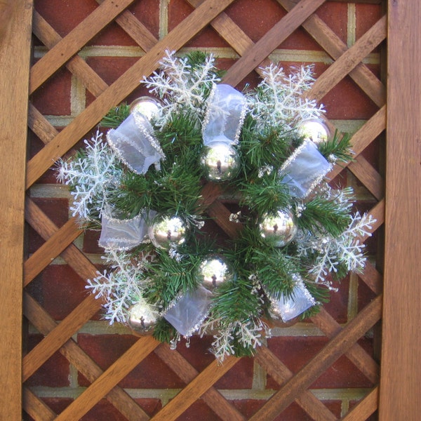 Silver & White Snowflake Pine Wreath, Small Christmas Wreath, 12 inch Pine Wreath, Small Space Wreath, Door Hanger, Table Centerpiece, Xmas