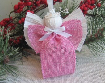 Pink Angel Burlap Ribbon Christmas Ornament, You Pick Light or Medium, Wired Ribbon, Gift for Angel Lover, Gender Reveal, SnowNoseCrafts