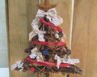 Primitive Patriotic Decorated Twig Table Top Tree, Red Blue & Cream 13 Inch Tree with Bows Buttons Star, Handcrafted Rustic, SnowNoseCrafts