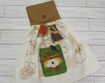 Scarecrow Kitchen Hanging Dish Towel, Autumn Harvest Pumpkins Leaves, Oven Handle Stay Put, SnowNoseCrafts