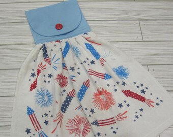 Patriotic Fireworks Hanging Kitchen Dish Towel, Picnic Towel, Red White Blue Towel with Fireworks Stars, Cooler Handle Towel, SnowNoseCrafts