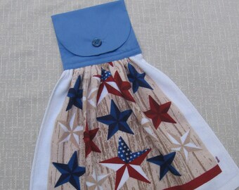 Patriotic Star Hanging Kitchen Towel, Barn Stars in Red White and Blue, Cotton Top Working Button, Americana Military Theme, SnowNoseCrafts