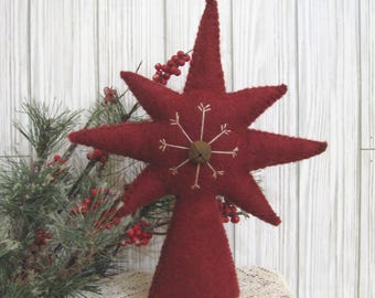 Primitive Style Tree Topper, Cranberry Felt Snowflake Rusty Bell, 10" Tall,  SnowNoseCrafts
