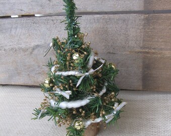 Small 5 3/4 Inch Decorated Table Top Christmas Tree, White and Gold Trim, Teacher Gift, Dorm Office Nursing Home Decor, SnowNoseCrafts