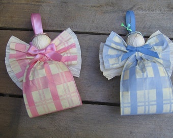 Pink or Blue Plaid Angel Ornament, Paper Ribbon Hanging Angel Tree Décor, New Baby or Gender Reveal Angel, SnowNoseCrafts