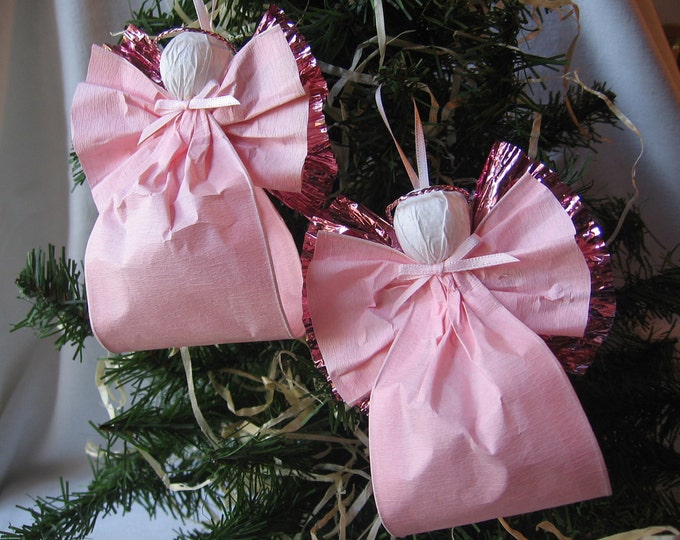 Angel Christmas Tree Ornaments Pink Paper Ribbon Etsy