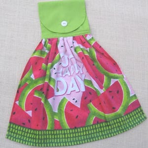 Summer Watermelon Kitchen Towel, Picnic Plush Terry Cloth Cotton Top Working Button, Oh Happy Day Saying, Lime Green Red, SnowNoseCrafts