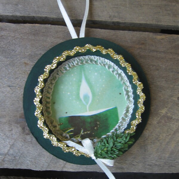 Vintage Card and Ribbon Spool Ornament Upcycled Vintage Candle Scene Green and Gold Ornament SnowNoseCrafts