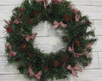 12 Inch Primitive Christmas Wreath, Burgundy White Green with Gingham Plaid Bows Pip Berries Buttons Flower Pine Cones, SnowNoseCrafts