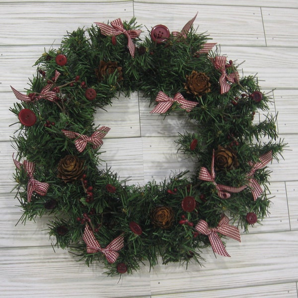 12 Inch Primitive Christmas Wreath, Burgundy White Green with Gingham Plaid Bows Pip Berries Buttons Flower Pine Cones, SnowNoseCrafts