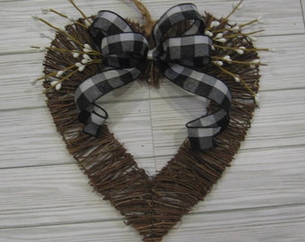 Small Sized Heart Wreath with Black and White Accents, Primitive Décor, 11 1/2 Inch by 12 Inch Grapevine Wreath, SnowNoseCrafts