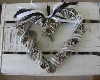 Small Sized Pinecone Heart Wreath with Black and White Accents Primitive Décor, 9 1/2 Inch by 10 Inch, SnowNoseCrafts