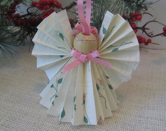 White with Pink Rose Bud Stem Paper Angel Ornament, Angel Collector Gift, Handcrafted Hanging Angel, Mothers Day, SnowNoseCrafts