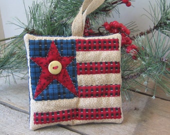 Primitive Flag Ornament, Bowl Filler Tier Tray Accent, Star and Stripes Americana, Hand Quilted Plush Hanging, SnowNoseCrafts