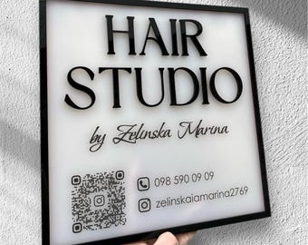 Minimalist social media sign, personalized business logo sign, custom qr code sign, unique hair salon sign, spa medical office wall decor