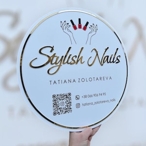 Aesthetic nail salon acrylic business logo sign, modern spa salon sign, qr code floating sign, salon wall decor, unique social media display