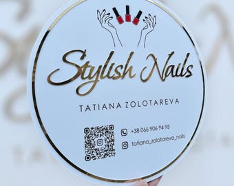 Aesthetic nail salon acrylic business logo sign, modern spa salon sign, qr code floating sign, salon wall decor, unique social media display