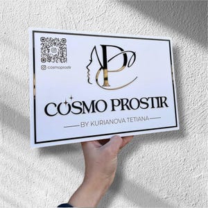 Elegant floating social media sign, acrylic business logo sign, personalized qr code sign, modern commercial signage, hanging store sign