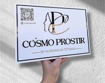 Elegant floating social media sign, acrylic business logo sign, personalized qr code sign, modern commercial signage, hanging store sign