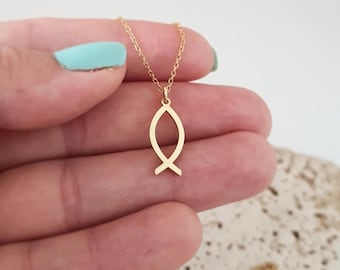 Collana cristiana con ciondolo a forma di pesce Ichthys, ciondolo a forma di pesce di Gesù in argento su catena a maglia fine in argento. - Italia