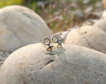Gold Venus Symbol Stud Earrings, 925 Sterling Silver, Feminism Jewelry