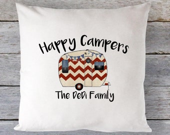 Happy Campers Pillow Cover, Vintage RV Decor for Travel Trailer, Personalized Camping Gift