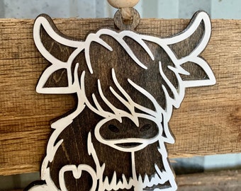 Rustic Wooden Highland Cow Ornament | Farmhouse Cow Decor