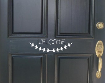 Front Door Welcome Decal, Porch Decor Vinyl Lettering, Laurel Wreath Design Sticker for Entryway